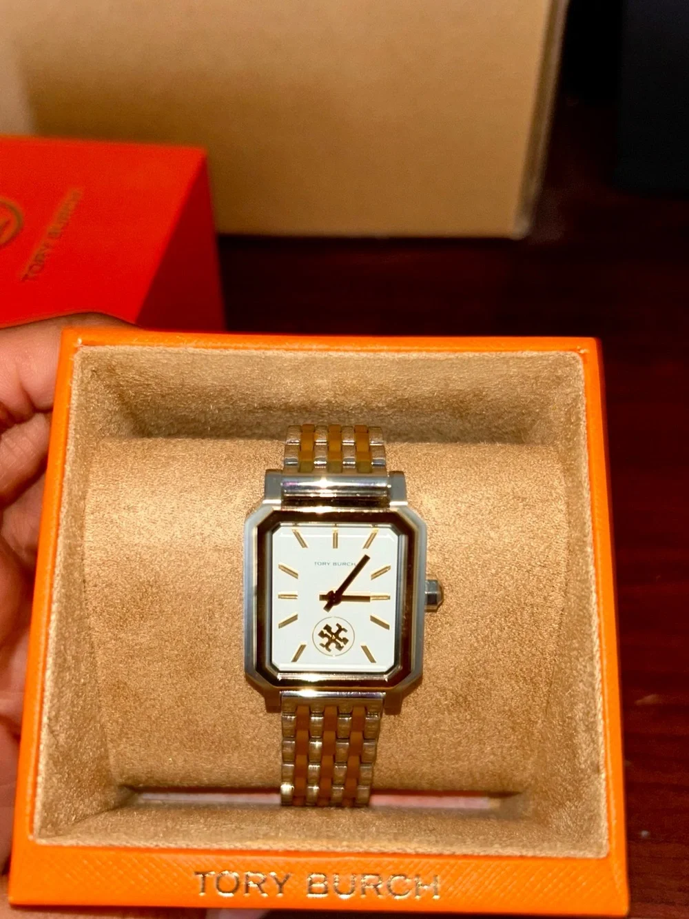 Tory Burch Two-Tone Rectangular Bracelet Watch — Gold & Silver